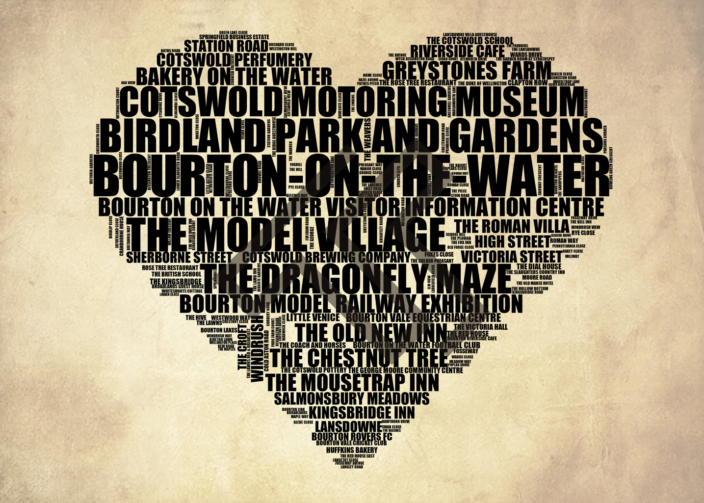 Bourton-on-the-Water - Premium Typographic Word Cloud Prints, Posters & Gifts