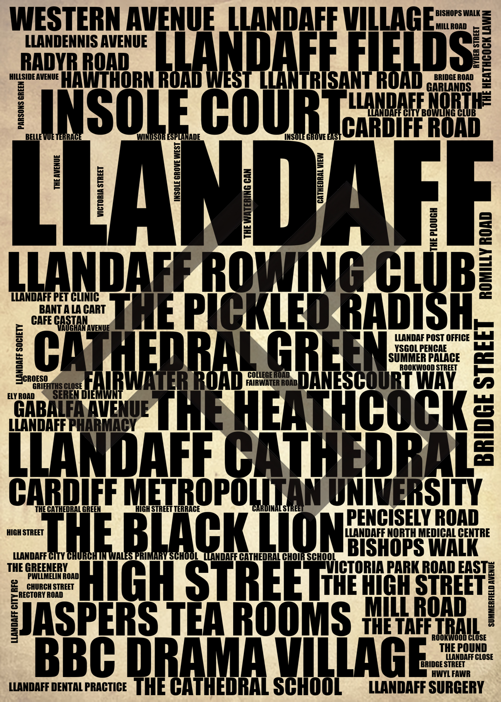 Llandaff - Premium Typographic Word Cloud Prints, Posters & Gifts