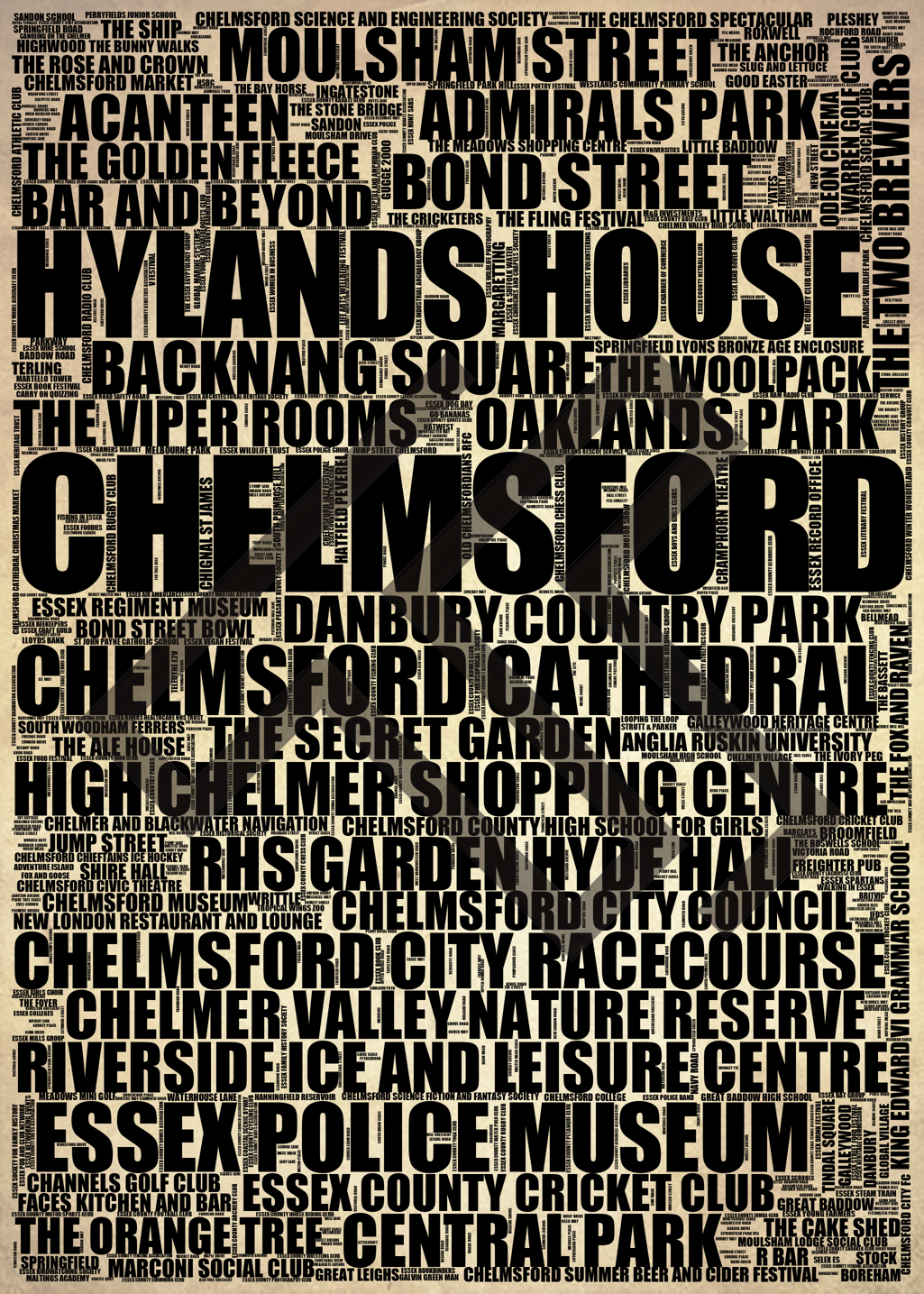 Chelmsford - Premium Typographic Word Cloud Prints, Posters & Gifts