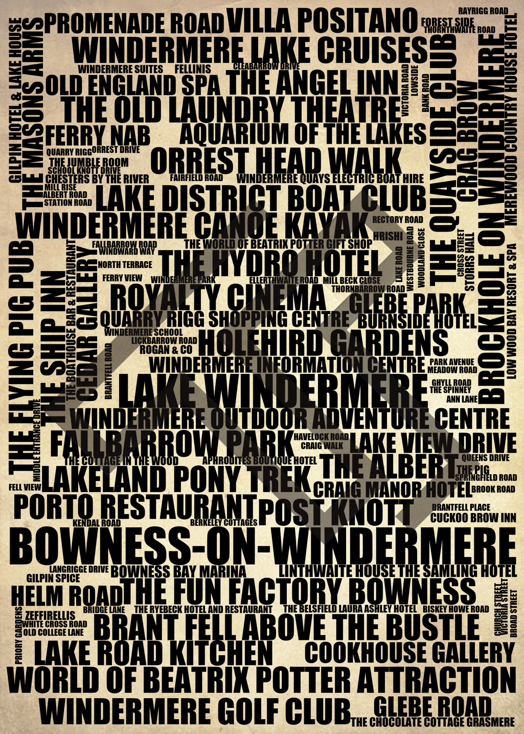 Bowness-on-Windermere - Premium Typographic Word Cloud Prints, Posters & Gifts