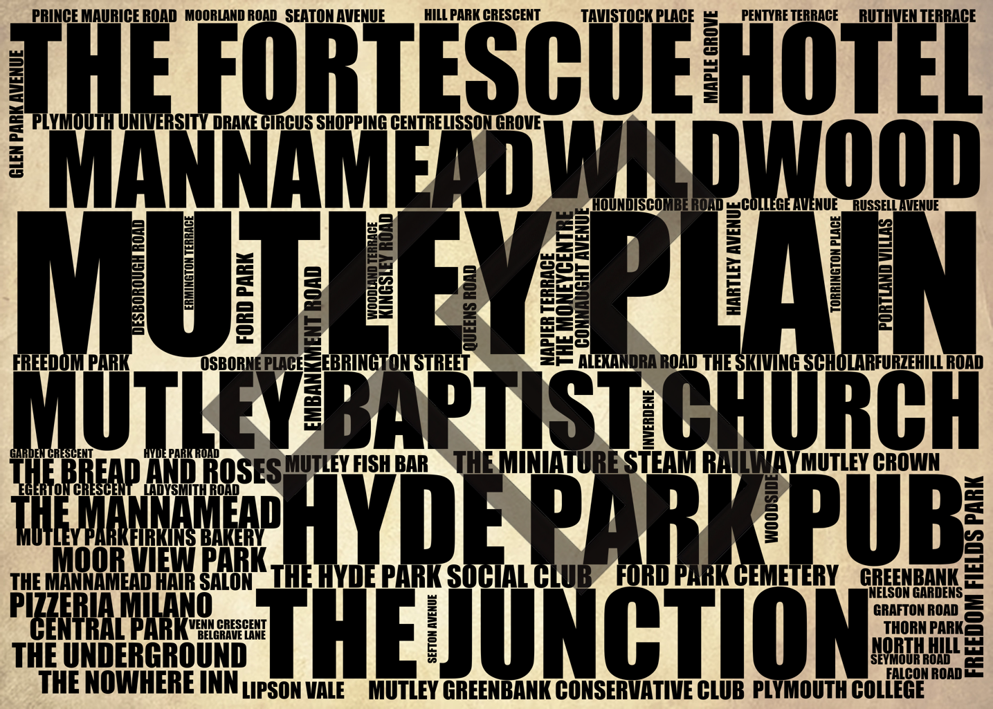 Mutley Plain - Premium Typographic Word Cloud Prints, Posters & Gifts