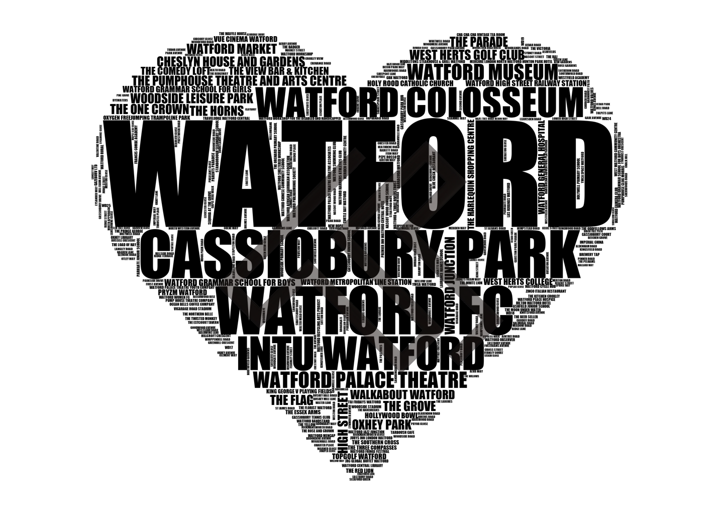 Watford - Premium Typographic Word Cloud Prints, Posters & Gifts