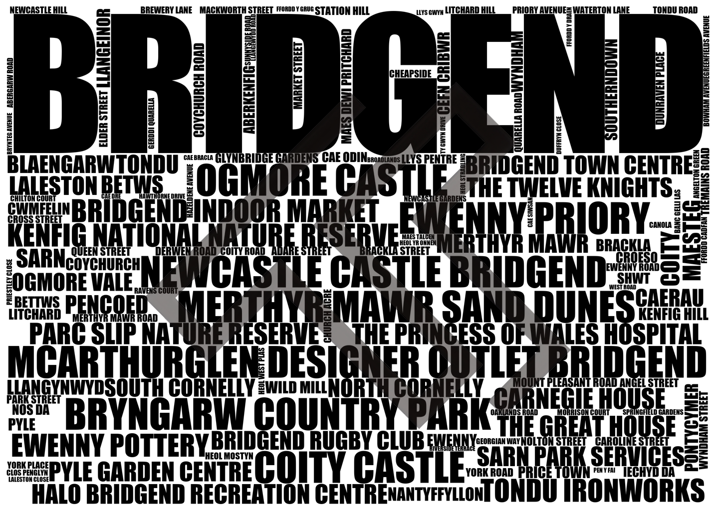 Bridgend - Premium Typographic Word Cloud Prints, Posters & Gifts