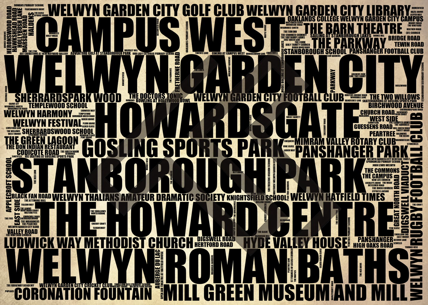 Welwyn Garden City - Premium Typographic Word Cloud Prints, Posters & Gifts