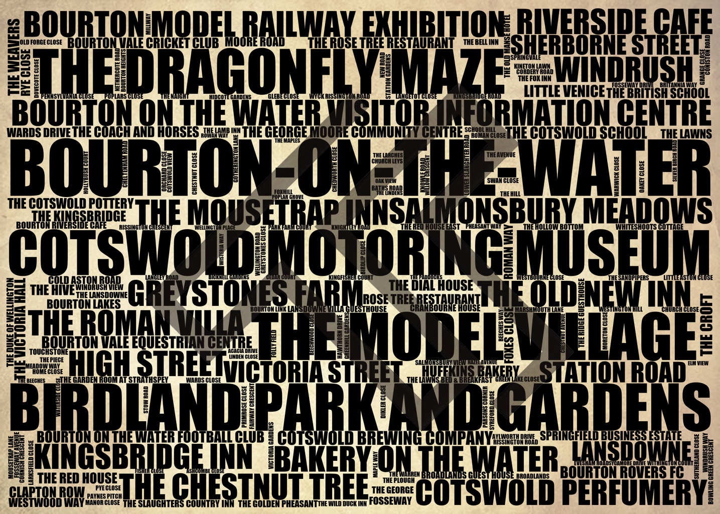 Bourton-on-the-Water - Premium Typographic Word Cloud Prints, Posters & Gifts