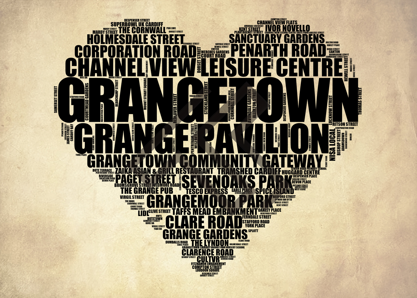 Grangetown - Premium Typographic Word Cloud Prints, Posters & Gifts