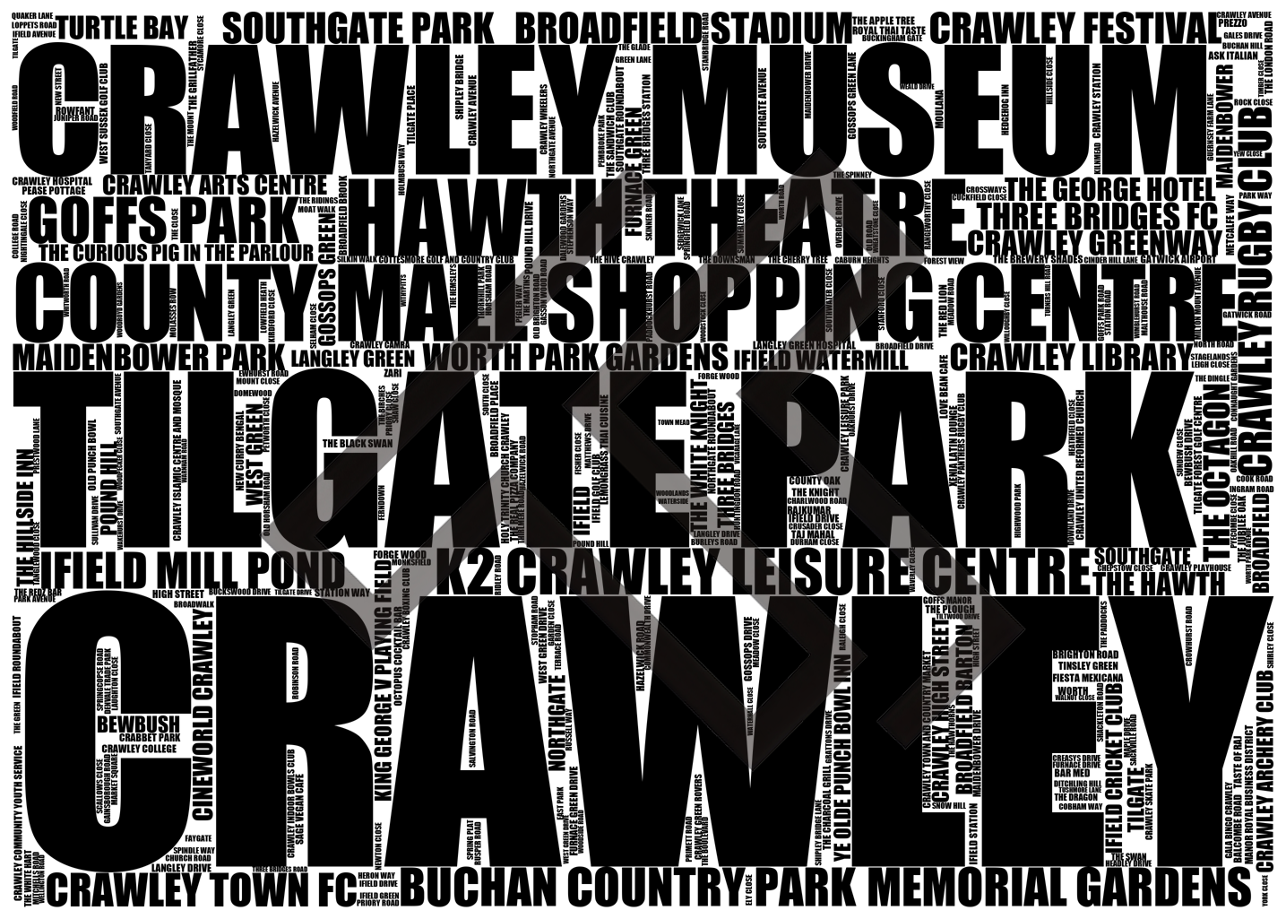 Crawley - Premium Typographic Word Cloud Prints, Posters & Gifts