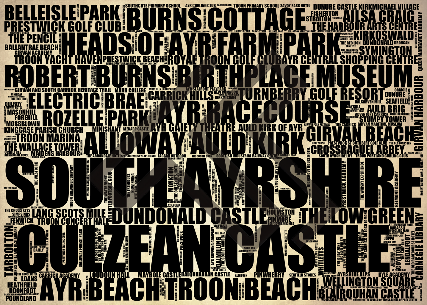 South Ayrshire - Premium Typographic Word Cloud Prints, Posters & Gifts