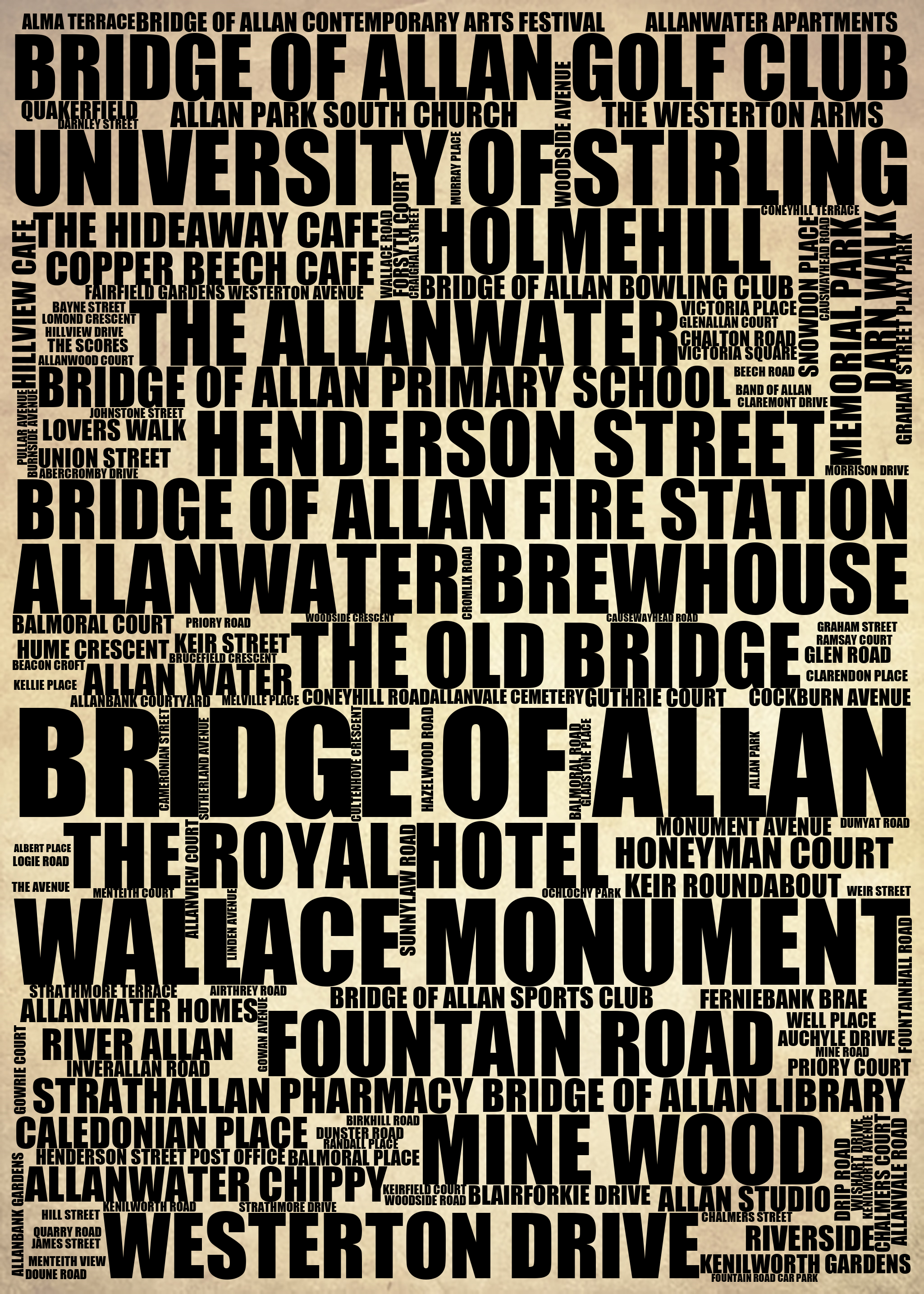 Bridge of Allan - Premium Typographic Word Cloud Prints, Posters & Gifts