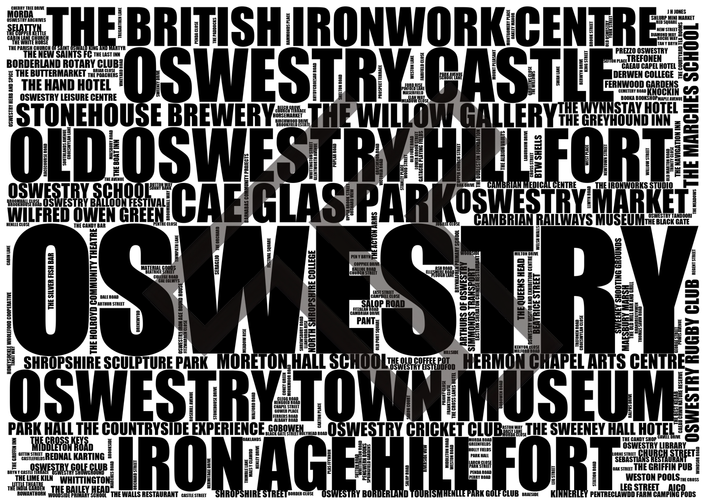 Oswestry - Premium Typographic Word Cloud Prints, Posters & Gifts