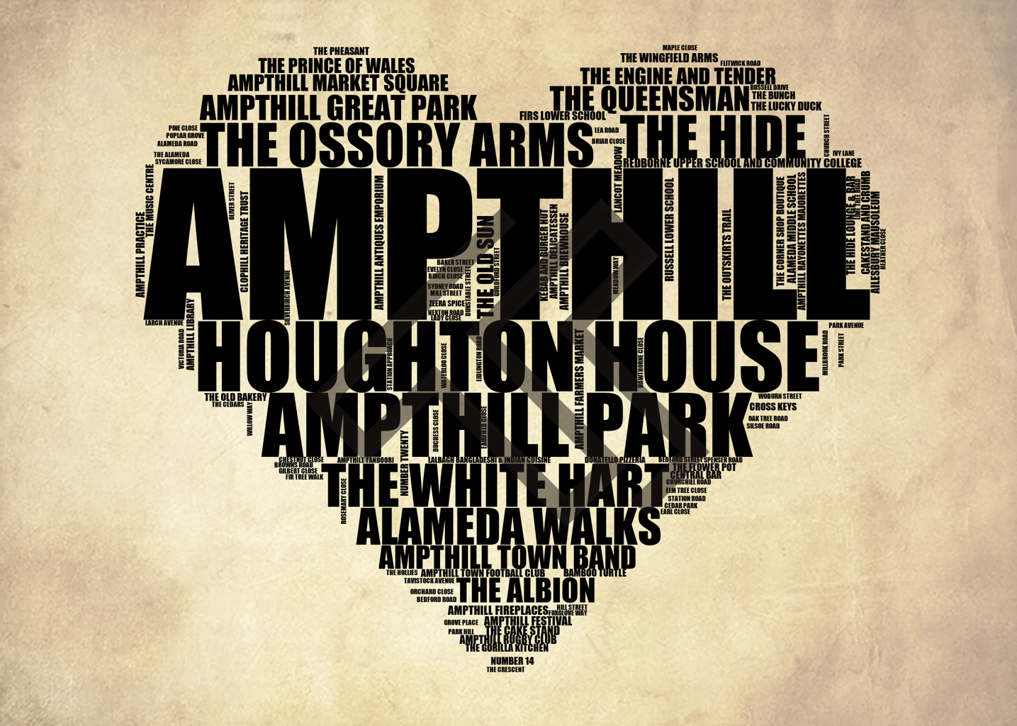 Ampthill - Premium Typographic Word Cloud Prints, Posters & Gifts