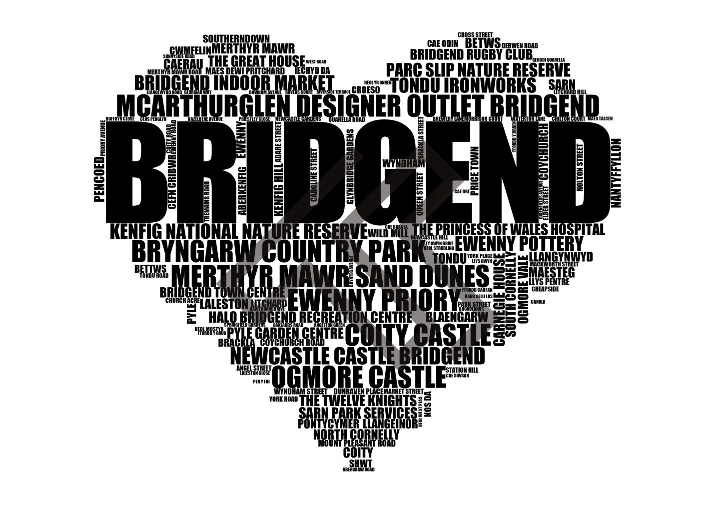 Bridgend - Premium Typographic Word Cloud Prints, Posters & Gifts