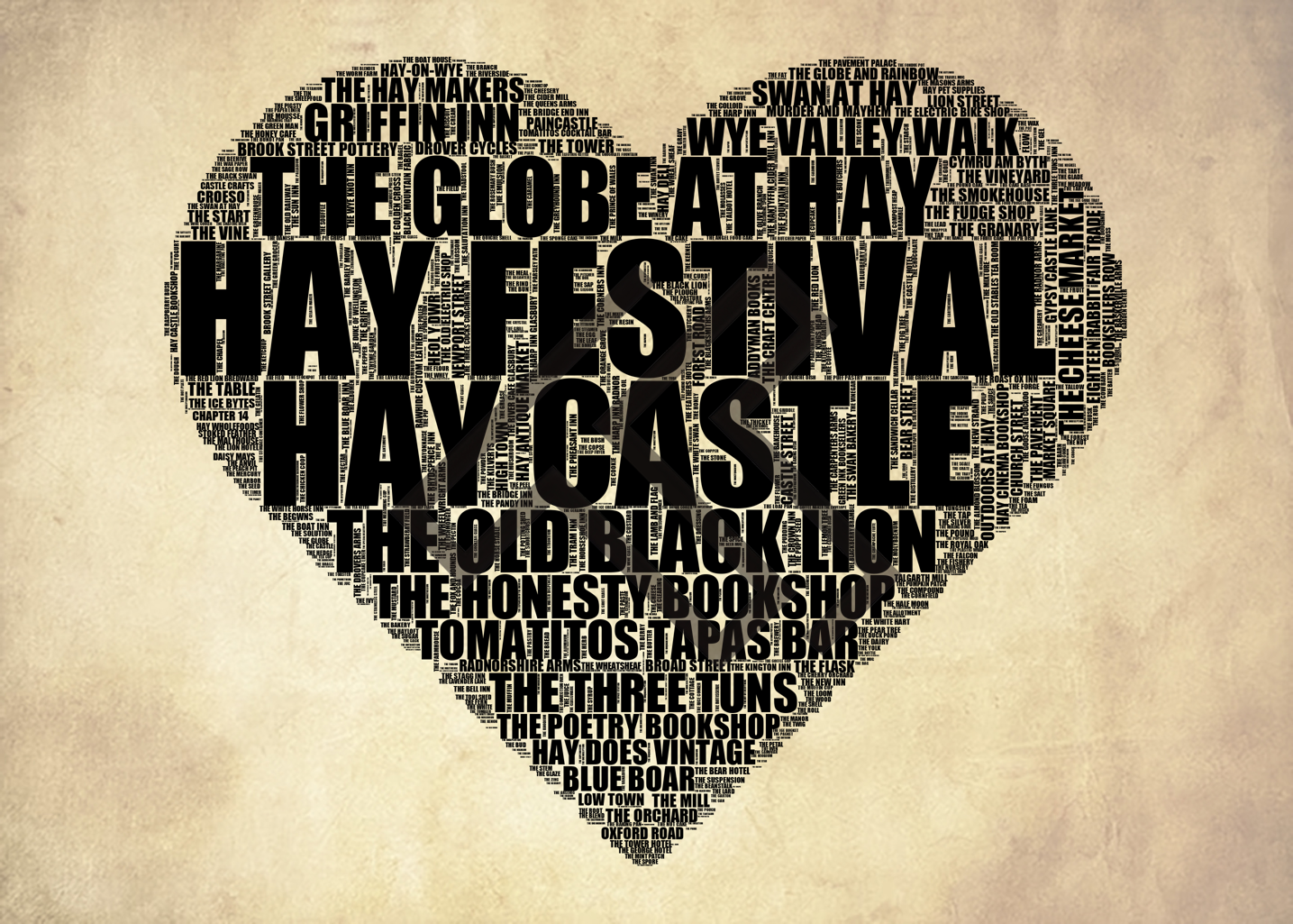 Hay-on-Wye - Premium Typographic Word Cloud Prints, Posters & Gifts