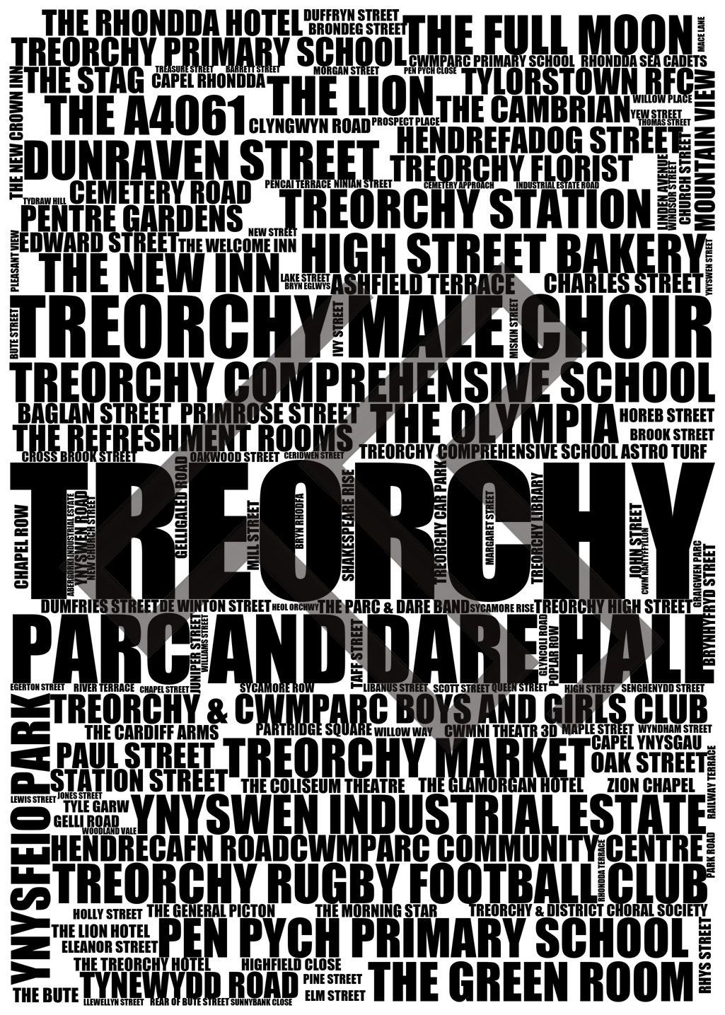 Treorchy - Premium Typographic Word Cloud Prints, Posters & Gifts