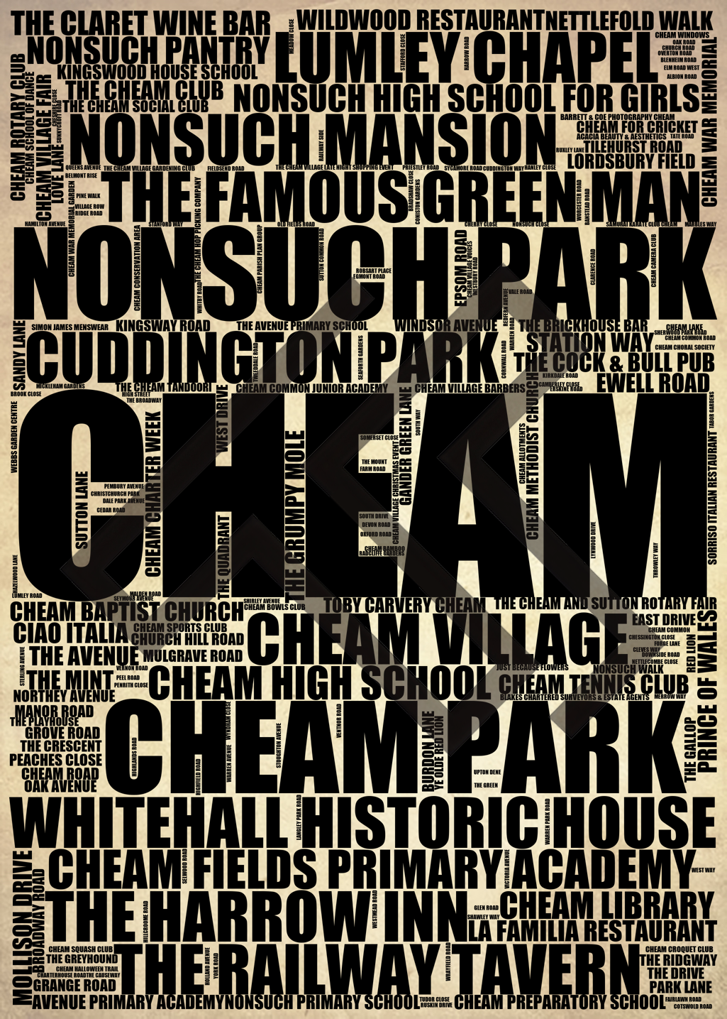 Cheam - Premium Typographic Word Cloud Prints, Posters & Gifts