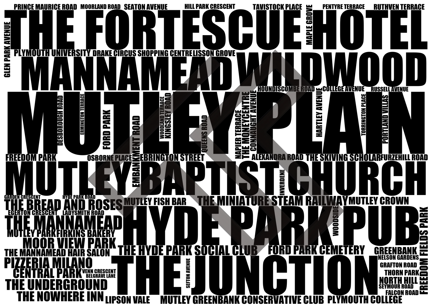 Mutley Plain - Premium Typographic Word Cloud Prints, Posters & Gifts