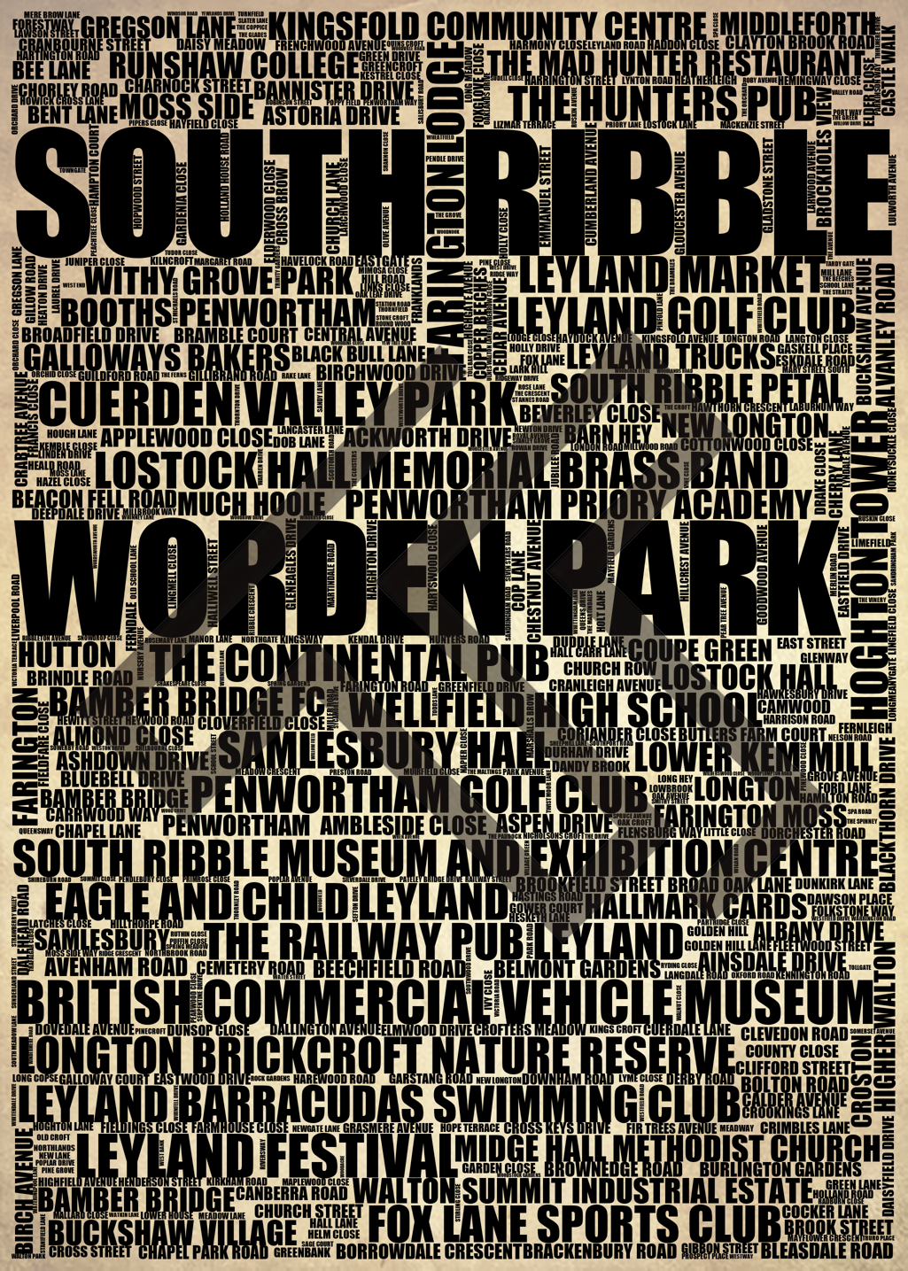 South Ribble - Premium Typographic Word Cloud Prints, Posters & Gifts