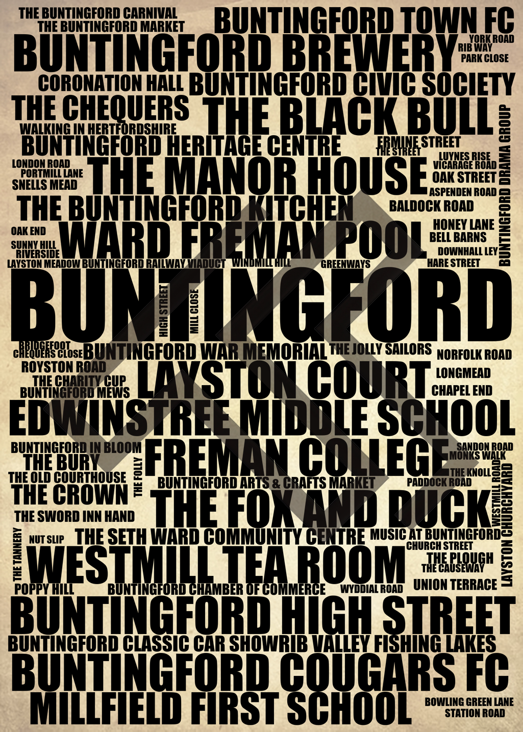 Buntingford - Premium Typographic Word Cloud Prints, Posters & Gifts