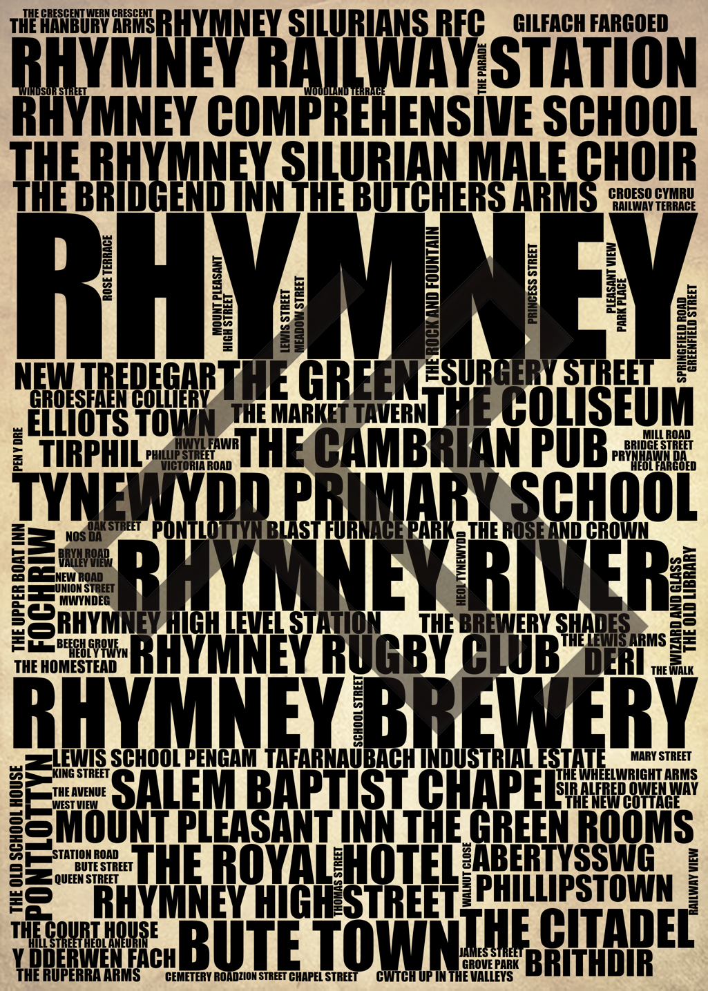 Rhymney - Premium Typographic Word Cloud Prints, Posters & Gifts