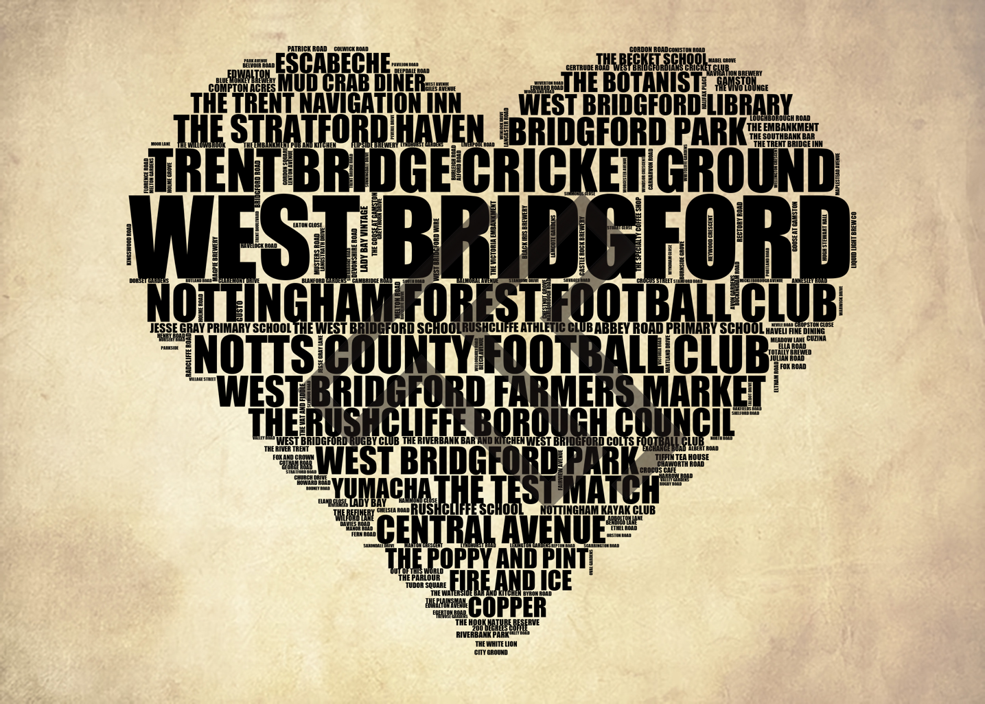 West Bridgford - Premium Typographic Word Cloud Prints, Posters & Gifts