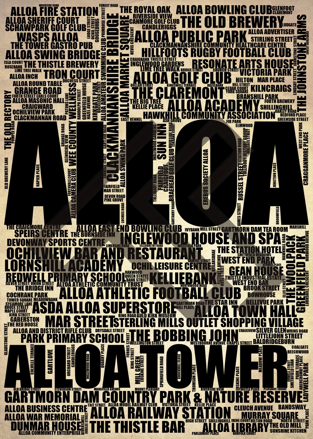 Alloa - Premium Typographic Word Cloud Prints, Posters & Gifts