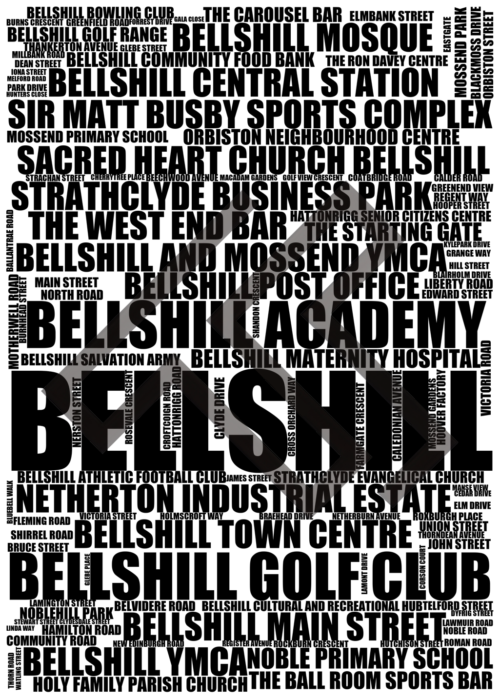 Bellshill - Premium Typographic Word Cloud Prints, Posters & Gifts