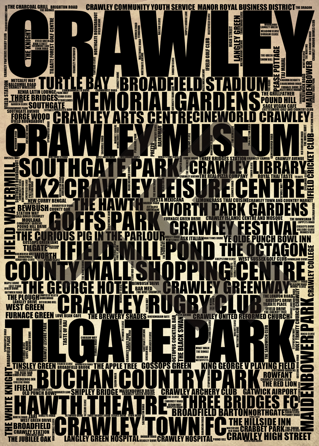 Crawley - Premium Typographic Word Cloud Prints, Posters & Gifts