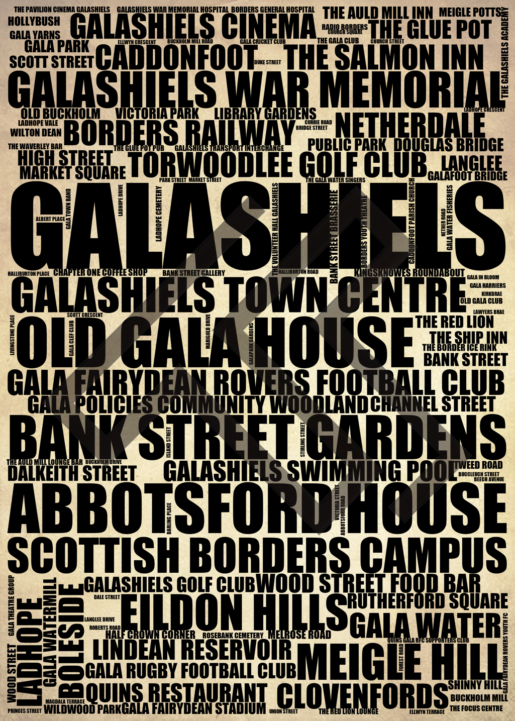 Galashiels - Premium Typographic Word Cloud Prints, Posters & Gifts