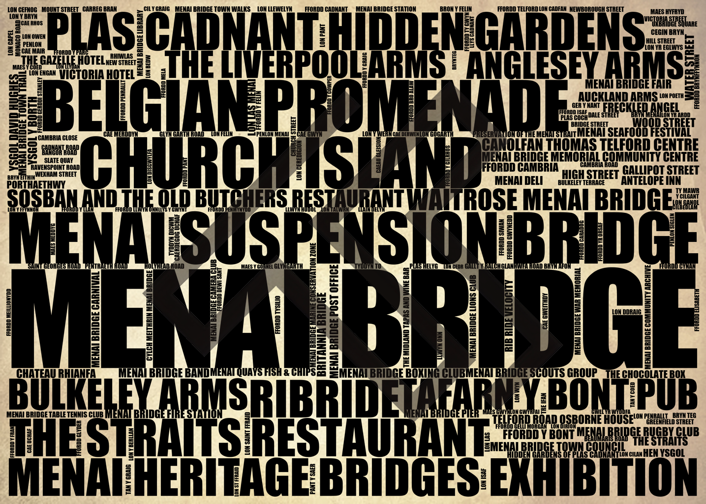 Menai Bridge - Premium Typographic Word Cloud Prints, Posters & Gifts