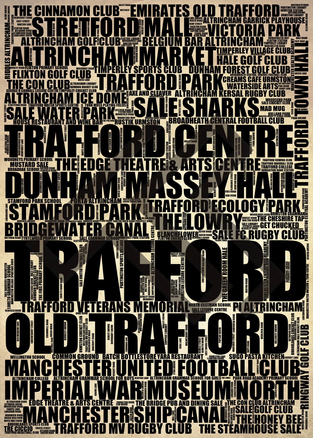 Trafford - Premium Typographic Word Cloud Prints, Posters & Gifts