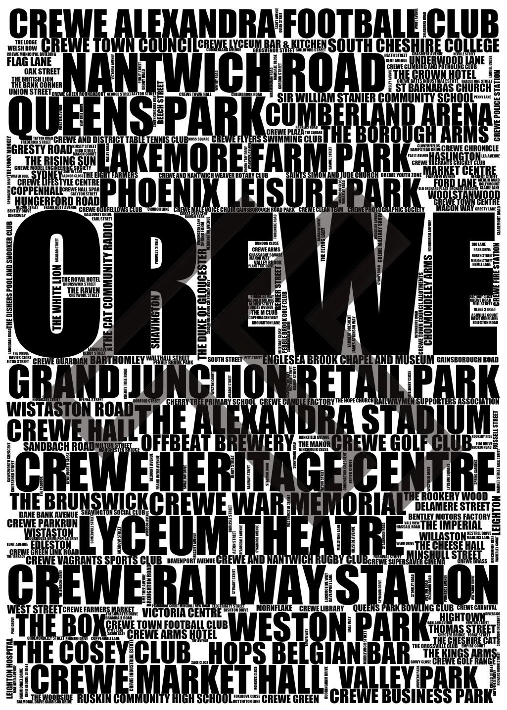 Crewe - Premium Typographic Word Cloud Prints, Posters & Gifts