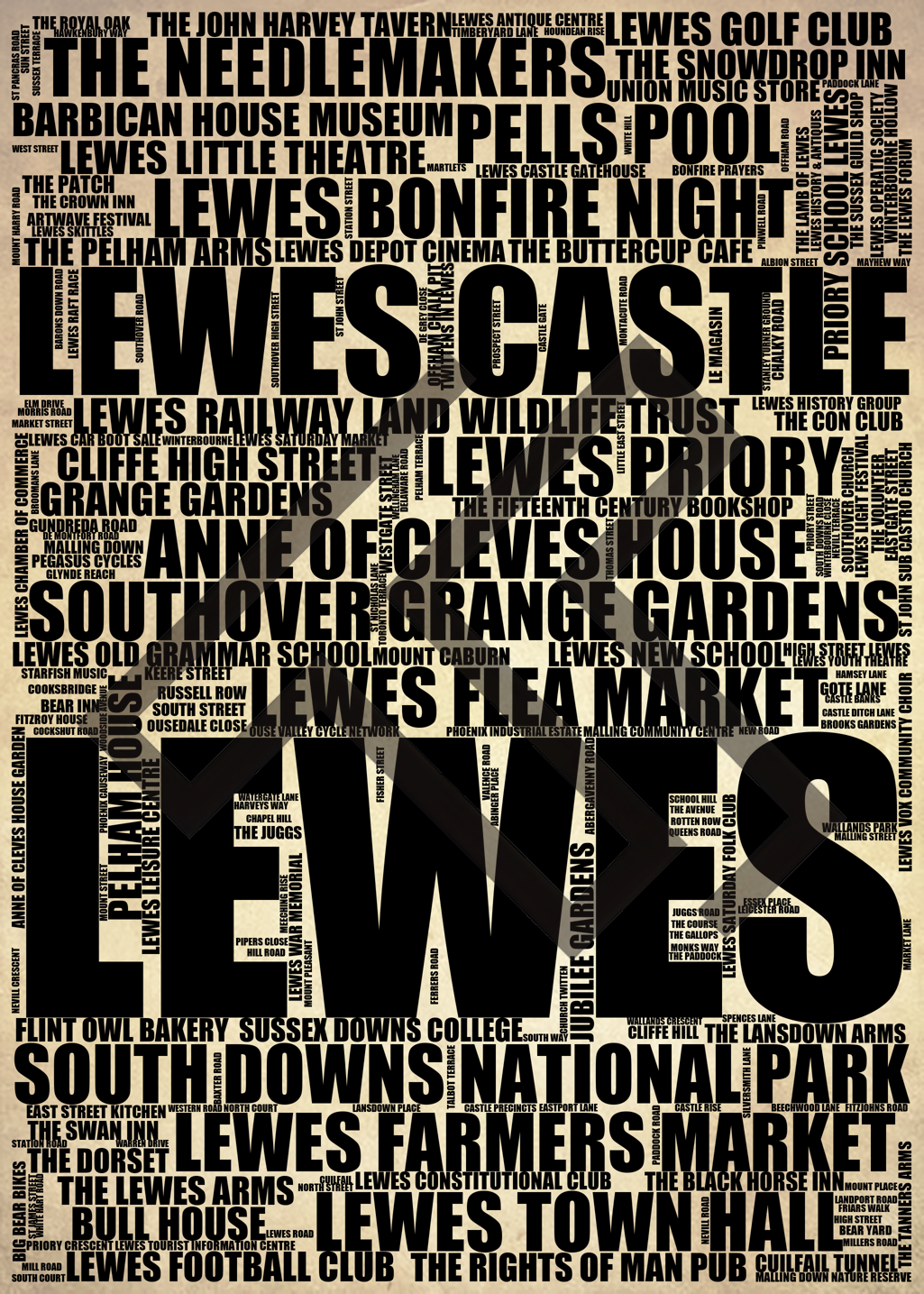 Lewes - Premium Typographic Word Cloud Prints, Posters & Gifts