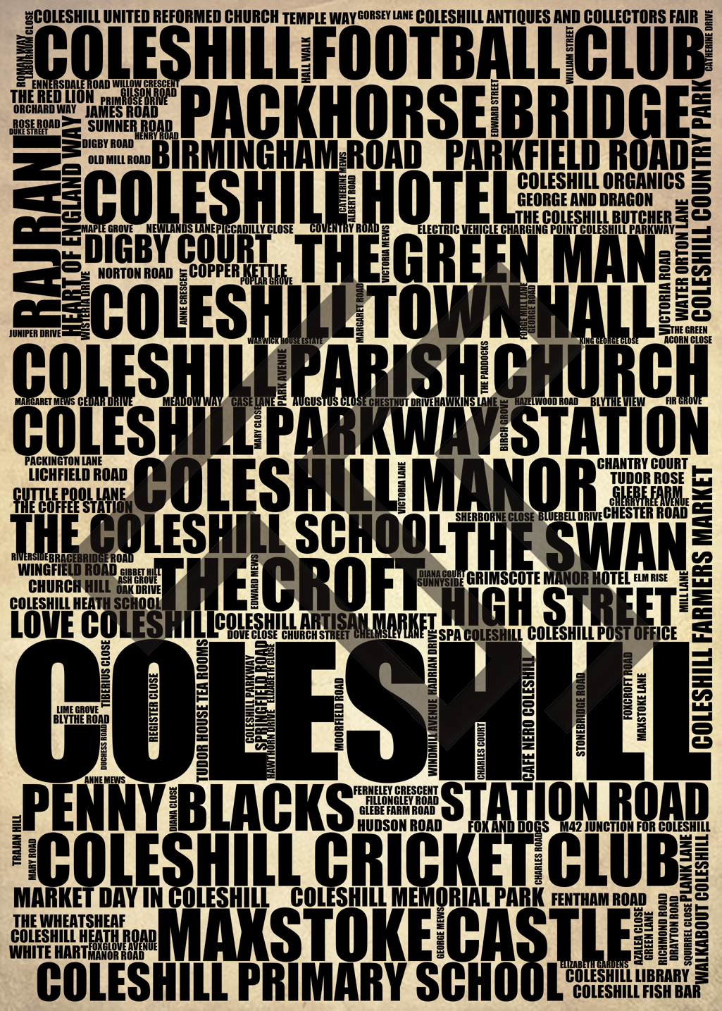 Coleshill - Premium Typographic Word Cloud Prints, Posters & Gifts