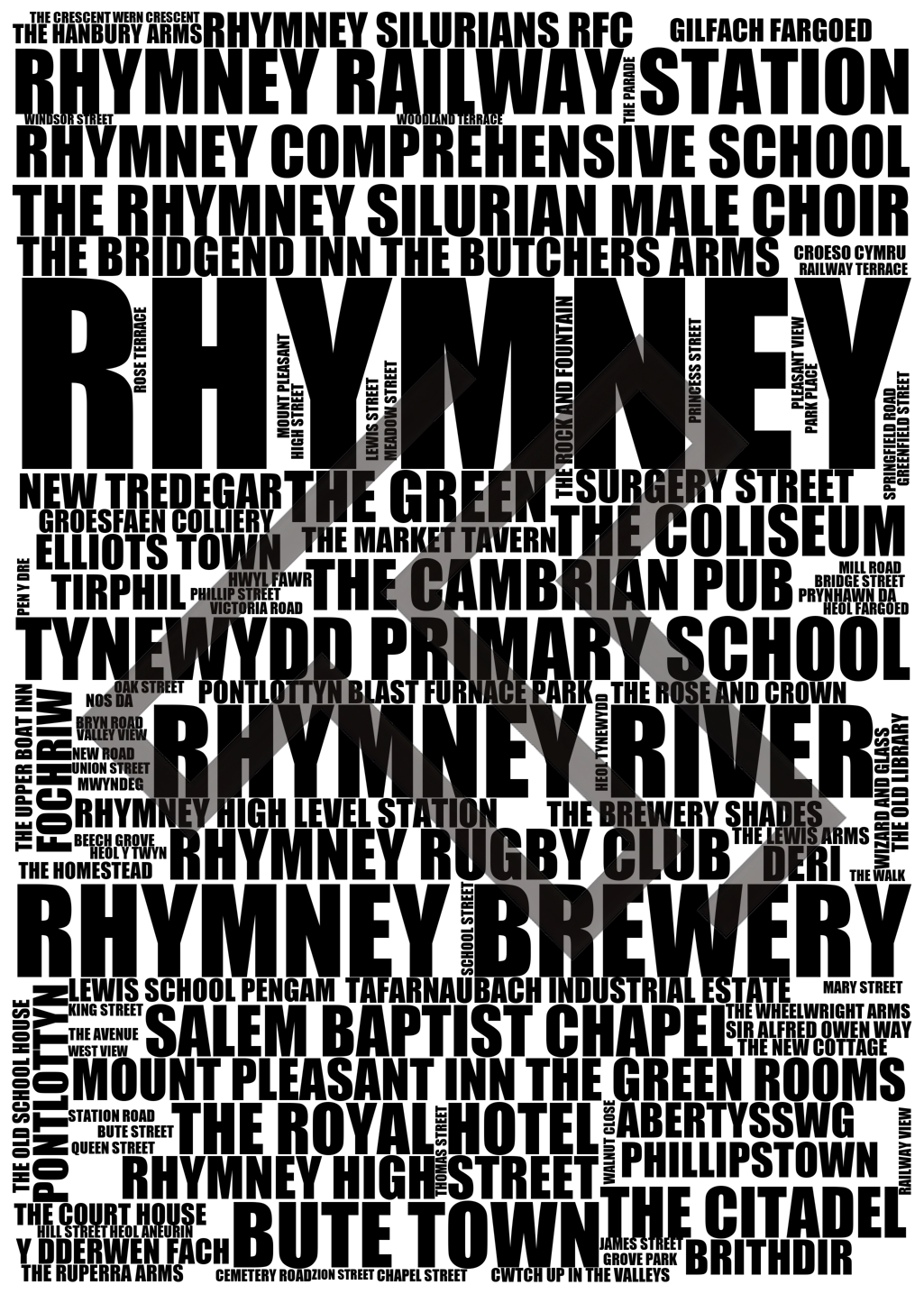 Rhymney - Premium Typographic Word Cloud Prints, Posters & Gifts