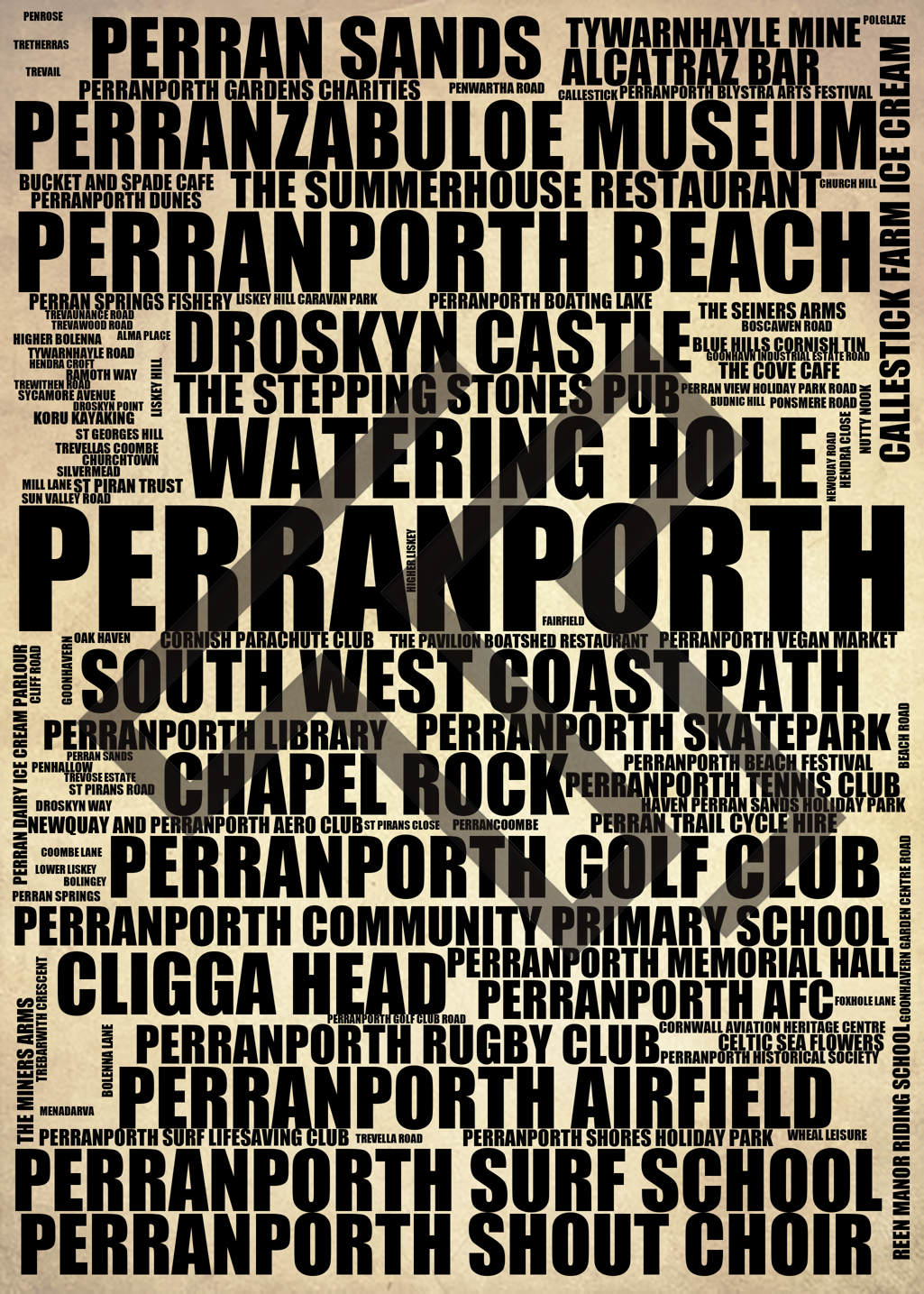 Perranporth - Premium Typographic Word Cloud Prints, Posters & Gifts