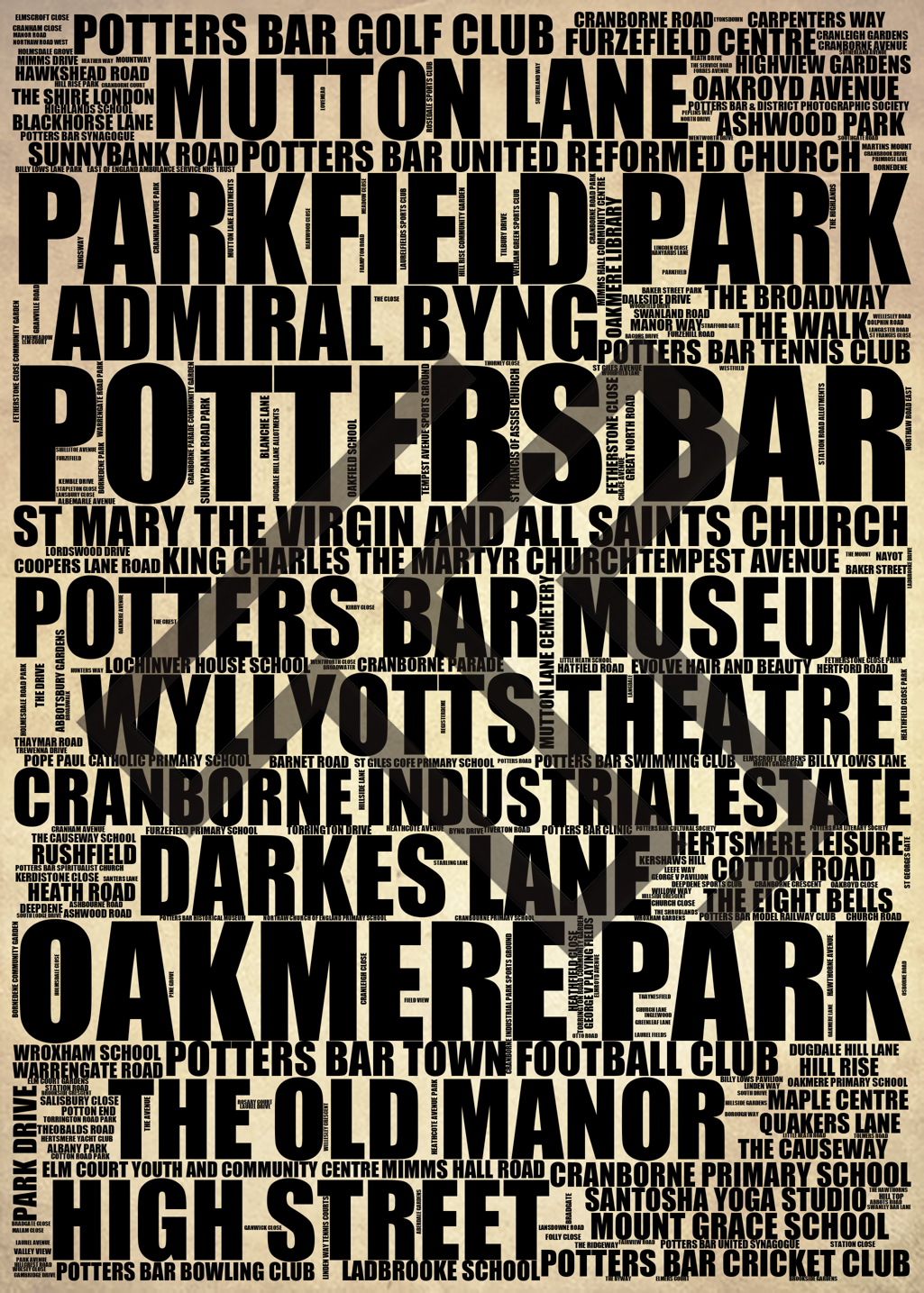 Potters Bar - Premium Typographic Word Cloud Prints, Posters & Gifts