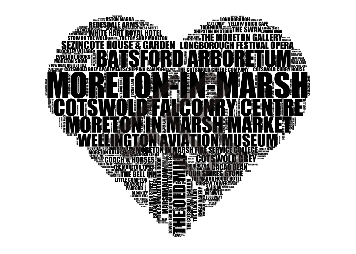 Moreton-in-Marsh - Premium Typographic Word Cloud Prints, Posters & Gifts