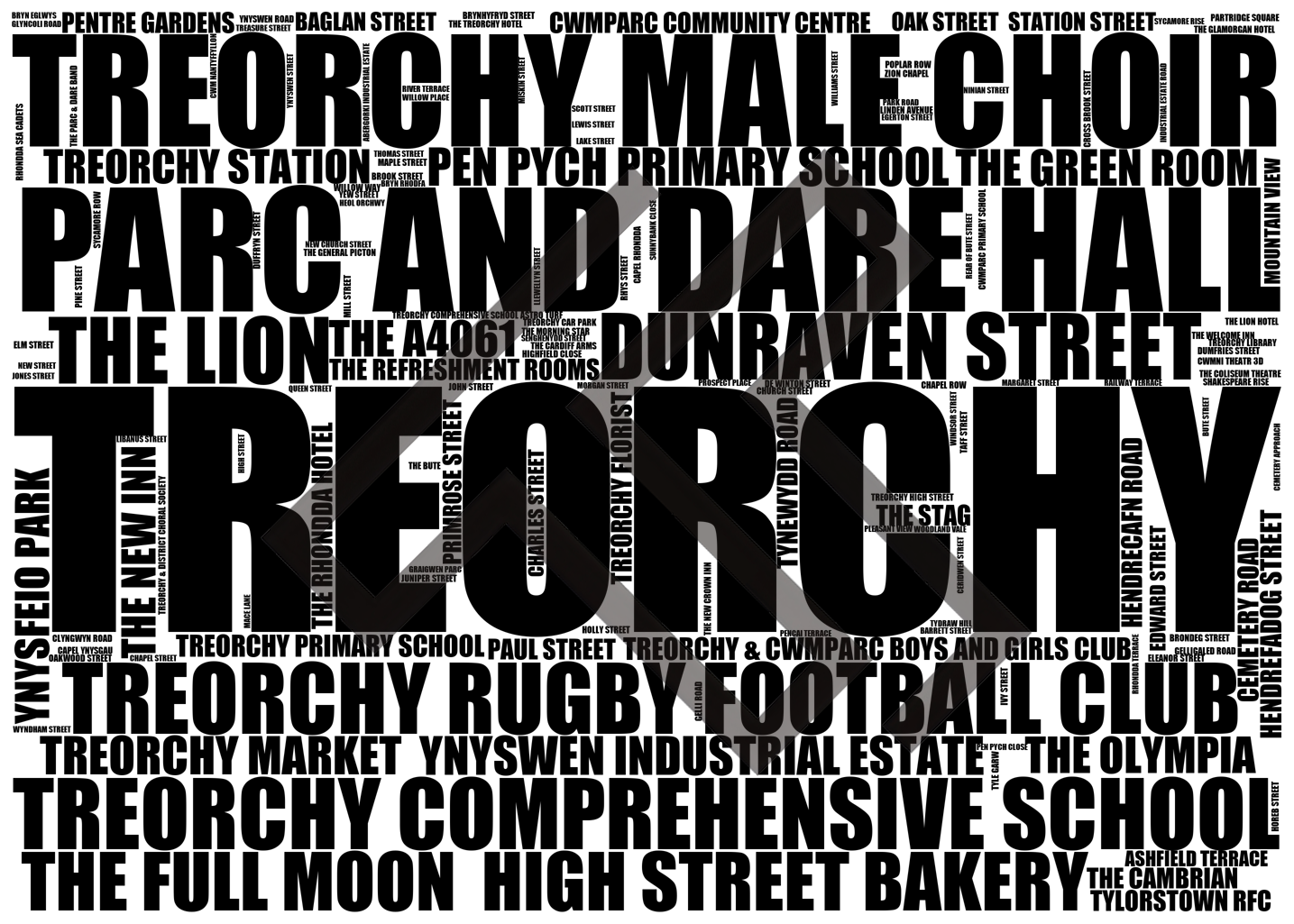 Treorchy - Premium Typographic Word Cloud Prints, Posters & Gifts