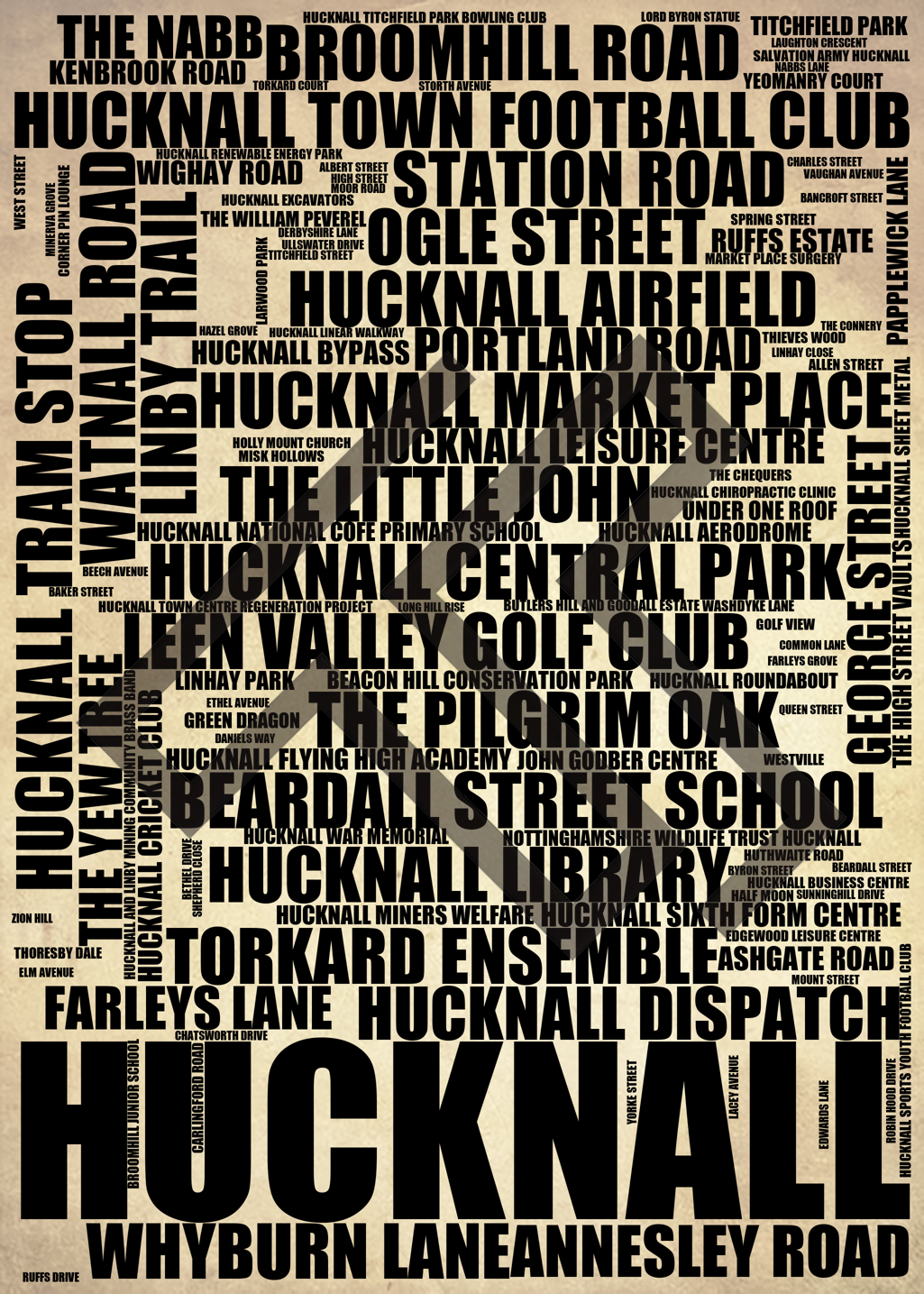 Hucknall - Premium Typographic Word Cloud Prints, Posters & Gifts