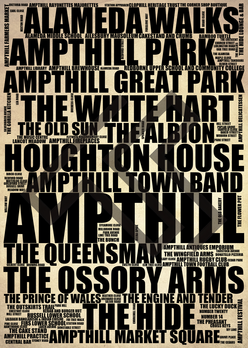 Ampthill - Premium Typographic Word Cloud Prints, Posters & Gifts