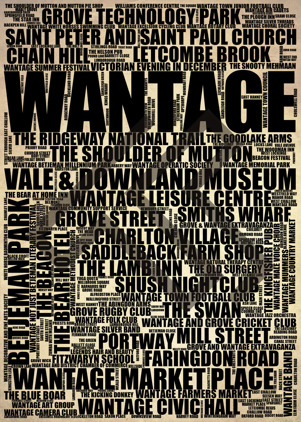 Wantage - Premium Typographic Word Cloud Prints, Posters & Gifts