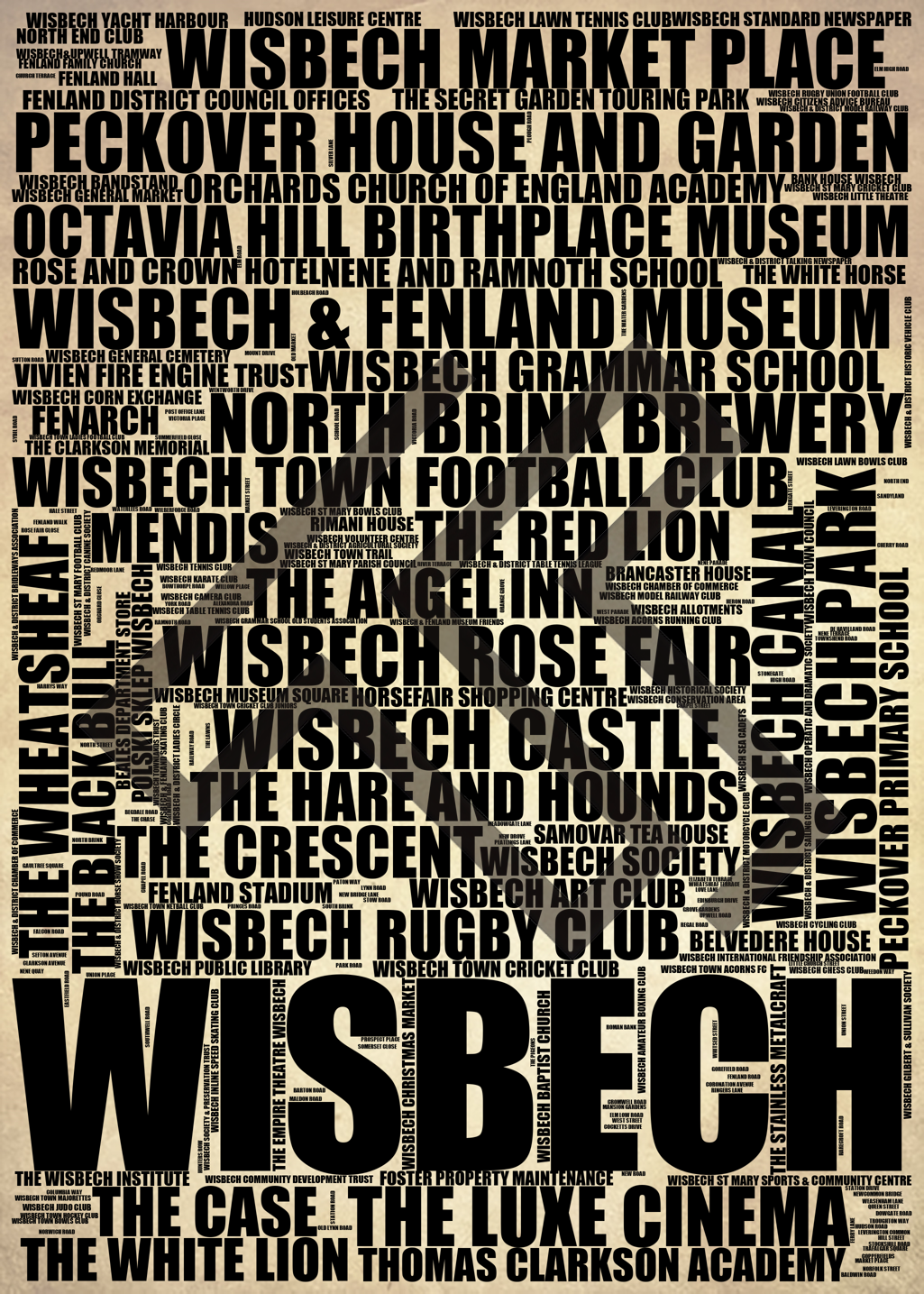 Wisbech - Premium Typographic Word Cloud Prints, Posters & Gifts