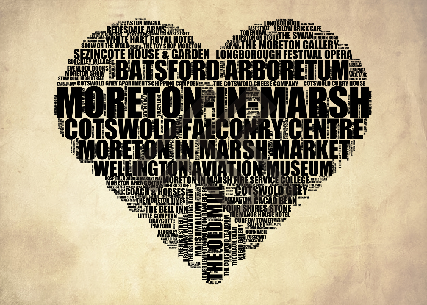 Moreton-in-Marsh - Premium Typographic Word Cloud Prints, Posters & Gifts