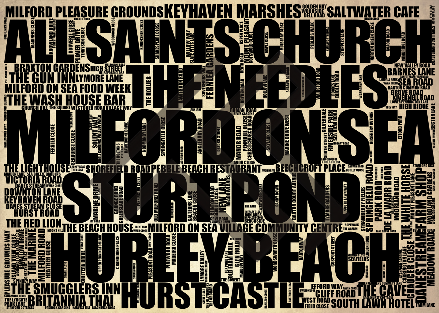 Milford on Sea - Premium Typographic Word Cloud Prints, Posters & Gifts