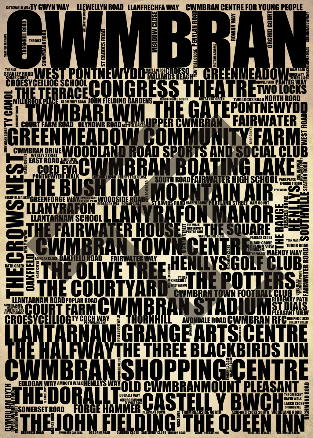 Cwmbran - Premium Typographic Word Cloud Prints, Posters & Gifts