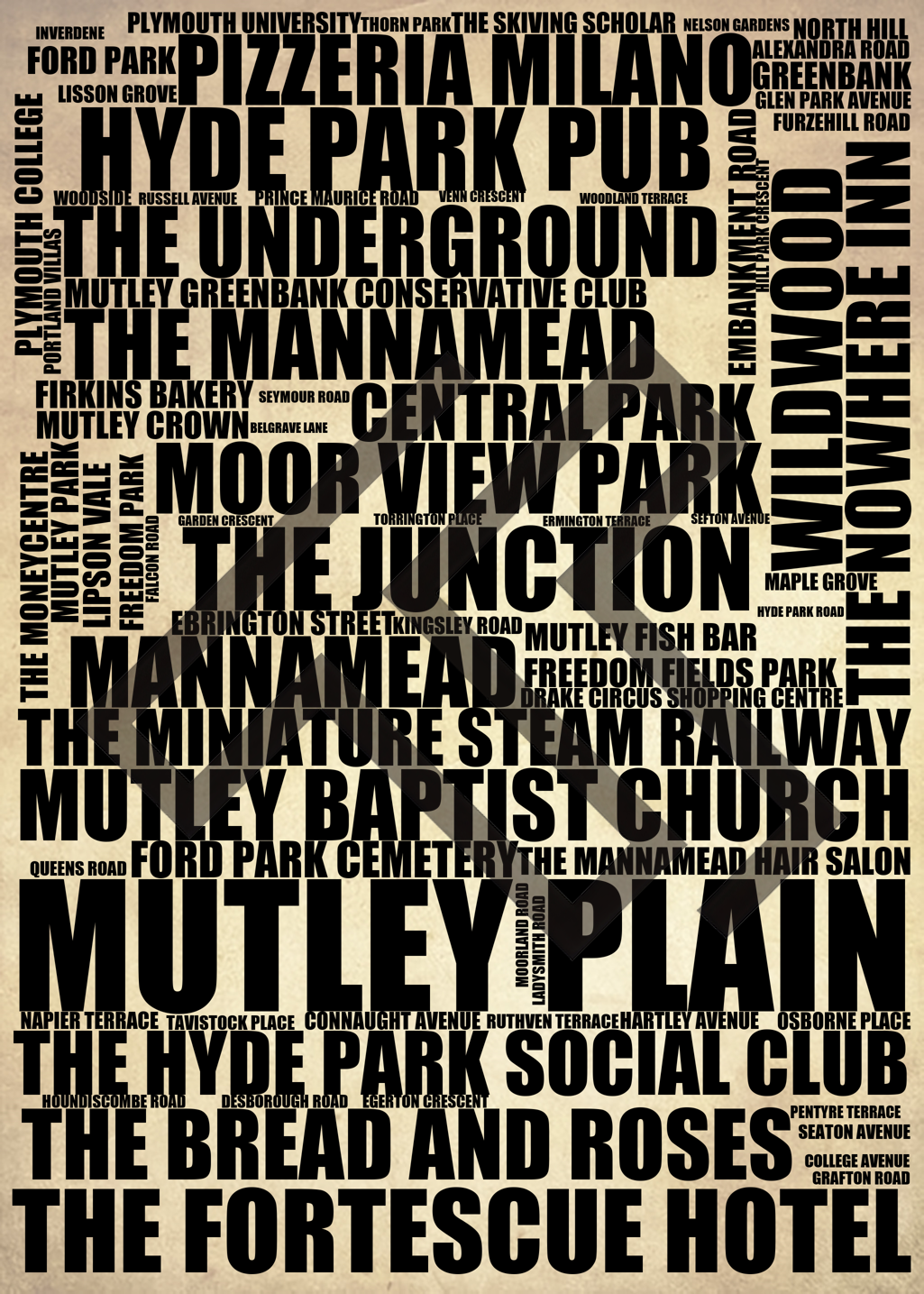 Mutley Plain - Premium Typographic Word Cloud Prints, Posters & Gifts