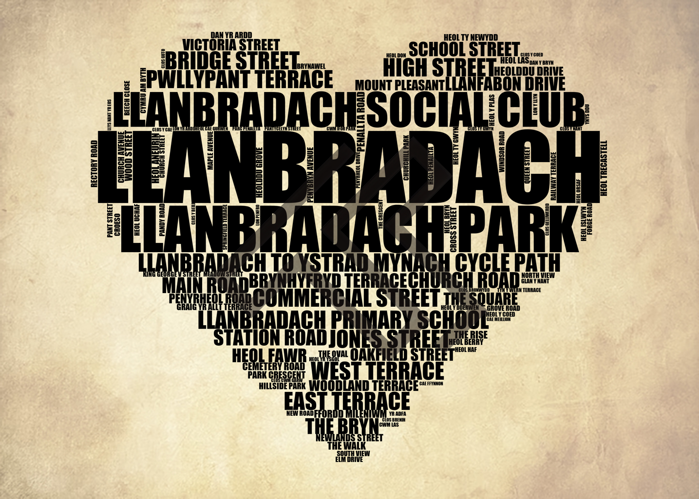 Llanbradach - Premium Typographic Word Cloud Prints, Posters & Gifts