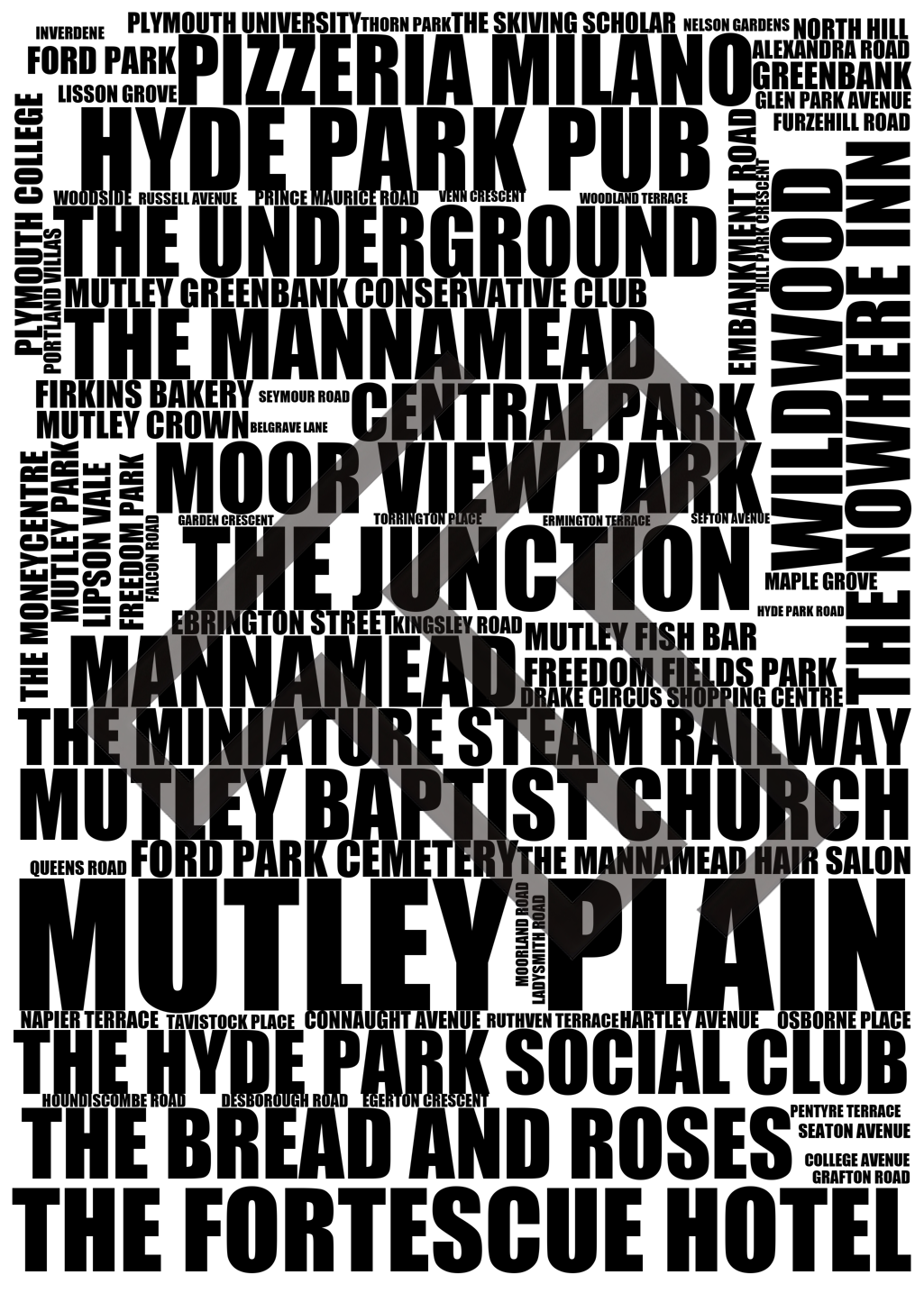 Mutley Plain - Premium Typographic Word Cloud Prints, Posters & Gifts