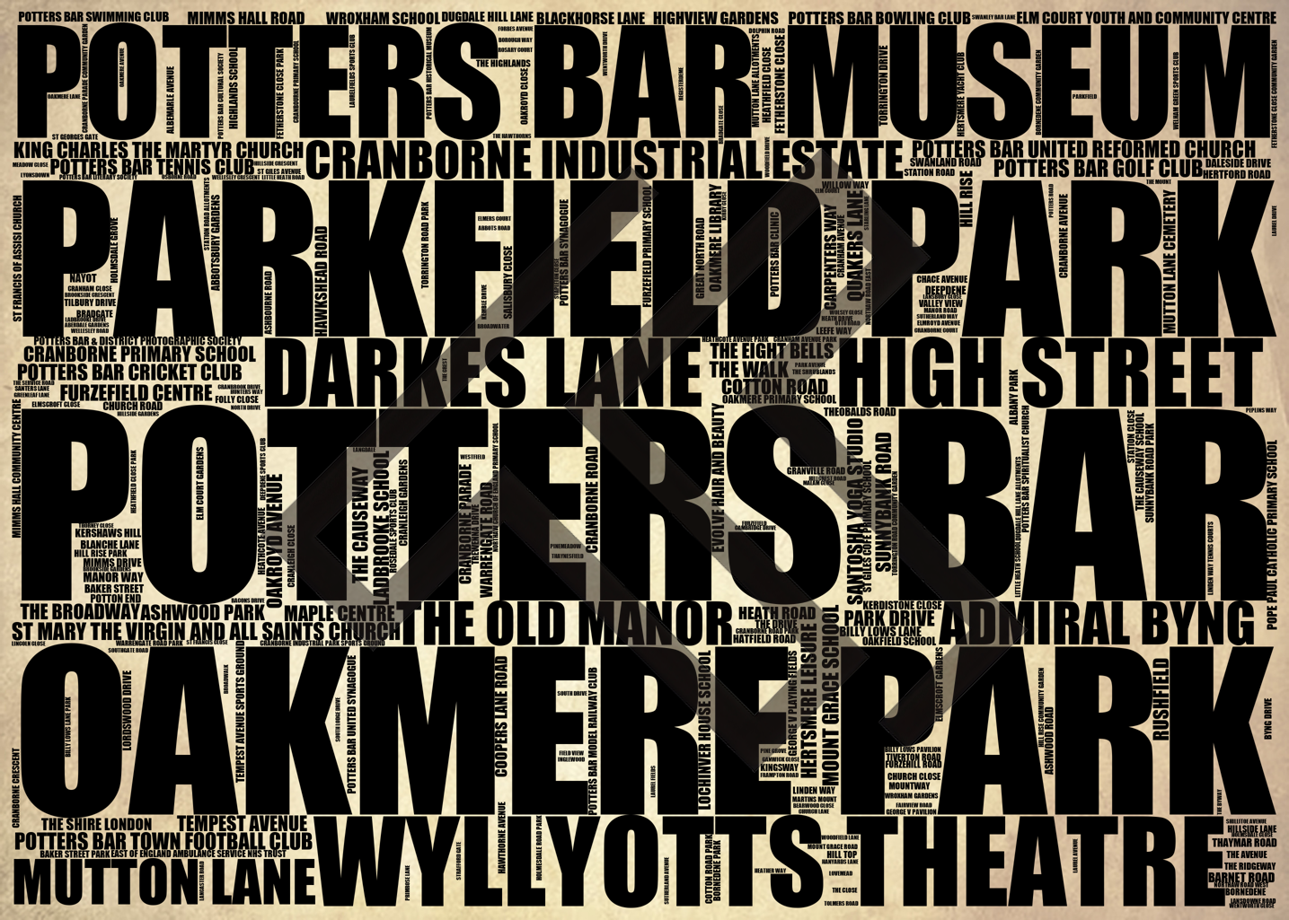 Potters Bar - Premium Typographic Word Cloud Prints, Posters & Gifts