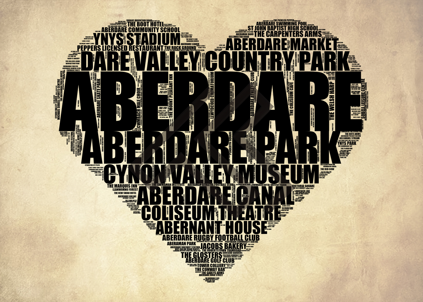 Aberdare - Premium Typographic Word Cloud Prints, Posters & Gifts